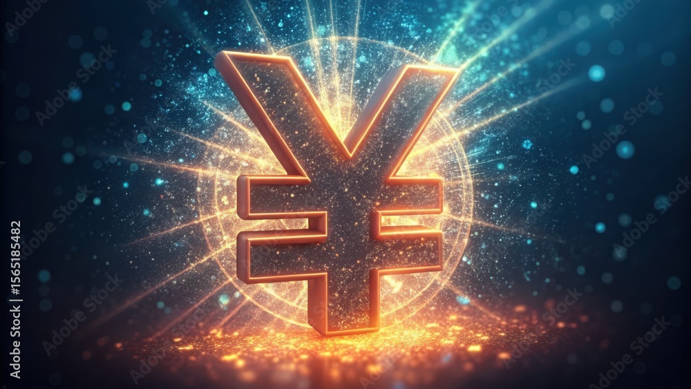 Poster digital yuan symbol glowing with particles and futuristic effects