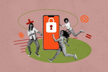 Pop image sketch 3d collage poster of happy girl guy stand cellphone lock antivirus protection key access decoding spyware
