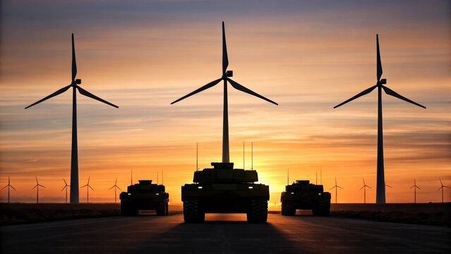 A vivid sunset casts shadowy silhouettes of wind turbines and oil combat vehicles encapsulating the delicate balance between the old and new energy paradigms..