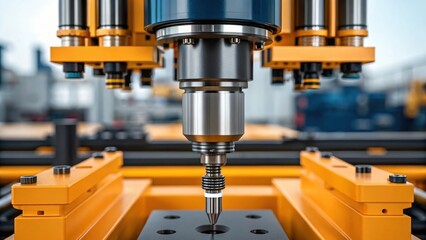 Closeup of automated drilling equipment mounted on a floating unit featuring a rotating drill bit and hydraulic systems emphasizing the precision of its engineering..