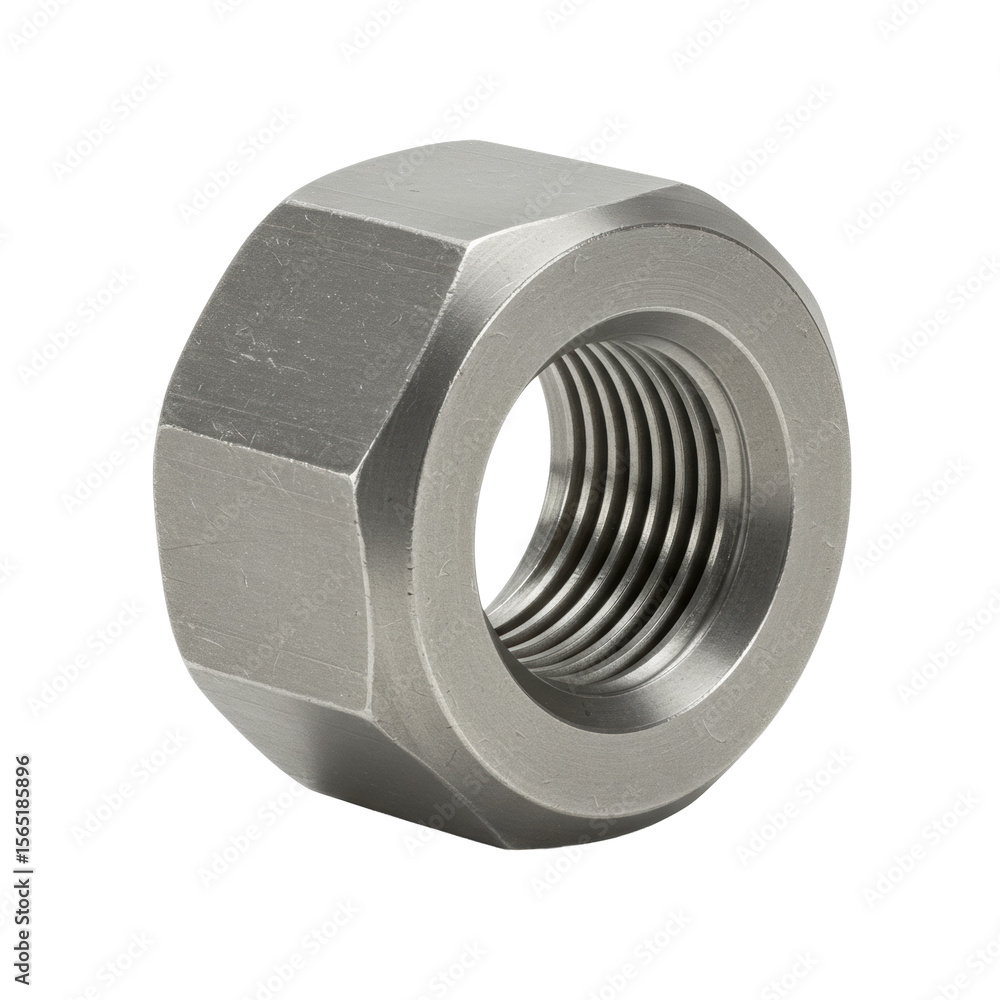 Aufkleber a metallic, industrial-grade, cylindrical coupling nut with hexagonal exterior and visible threads, 