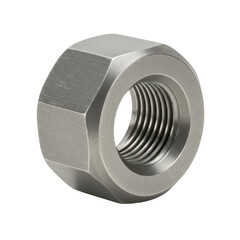 A metallic, industrial-grade, cylindrical coupling nut with hexagonal exterior and visible threads, pristine smooth surface reflecting light, isolated on a transparent seamless background with direct