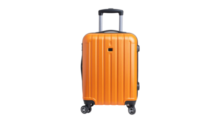 Modern orange trolley suitcase isolated on transparent background, ready for travel and tourism