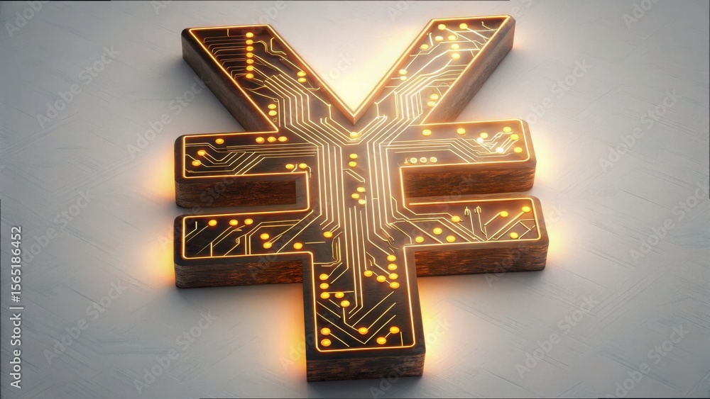 Poster Glowing Yuan Symbol with Circuit Patterns and Modern Design Elements