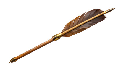 Wooden arrow featuring brown feather fletching, golden metal arrowhead, positioned horizontally against transparent backdrop