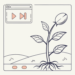 Illustration of a plant growing from seeds with a video player interface in the corner