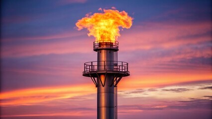 Detailed view of the FPSOs flare stack showing flames roaring at the top in bright orange against the evening sky representing safety measures for gas emissions..