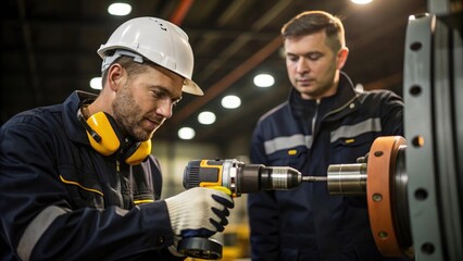 Equipment maintenance in progress with a technician using specialized tools to tighten bolts on the drill head while a colleague observes intently..