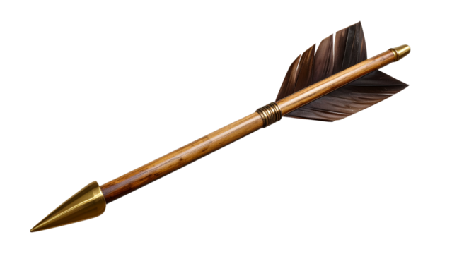 Wooden arrow featuring brown feather fletching, golden metal arrowhead, positioned horizontally against transparent backdrop