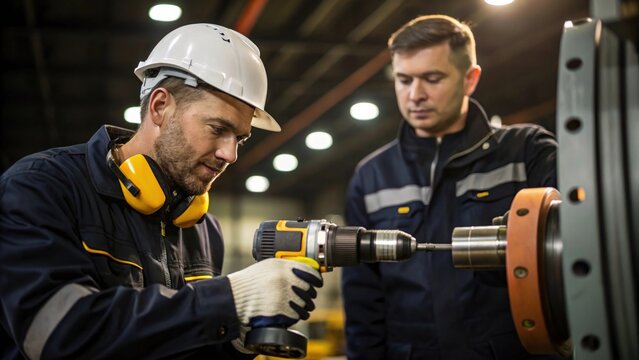 Equipment maintenance in progress with a technician using specialized tools to tighten bolts on the drill head while a colleague observes intently..
