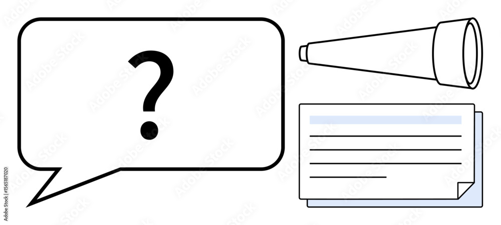 Poster speech bubble with a question mark, telescope symbolizing exploration, and layered document for know