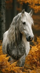 Obraz premium Majestic white horse roaming through autumn foliage in a tranquil forest