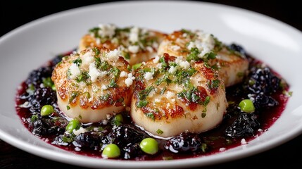 On a dark, textured background, a gourmet dish is artfully composed of seared scallops, a vibrant pea puree, and delicate microgreens