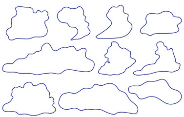 Various shapes of clouds. Set of linear drawing of clouds isolated on a white background. Editable stroke. Line thickness can be changed. Linear icon, vector illustration.