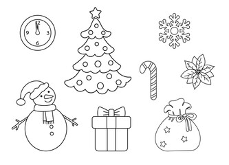 Christmas theme set isolated on a white background. Outline drawing. Christmas icon, linear illustration. Christmas tree, snowman, gift box, bag, snowflake, watch, flower.