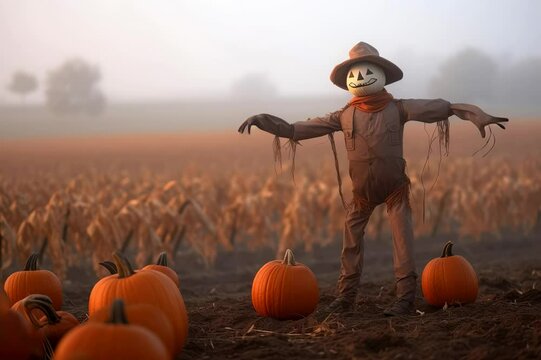Dancing scarecrow on a field with orange pumpkins