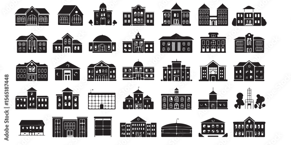 Poster a collection of black and white building silhouettes in a grid pattern with varied architectural sty