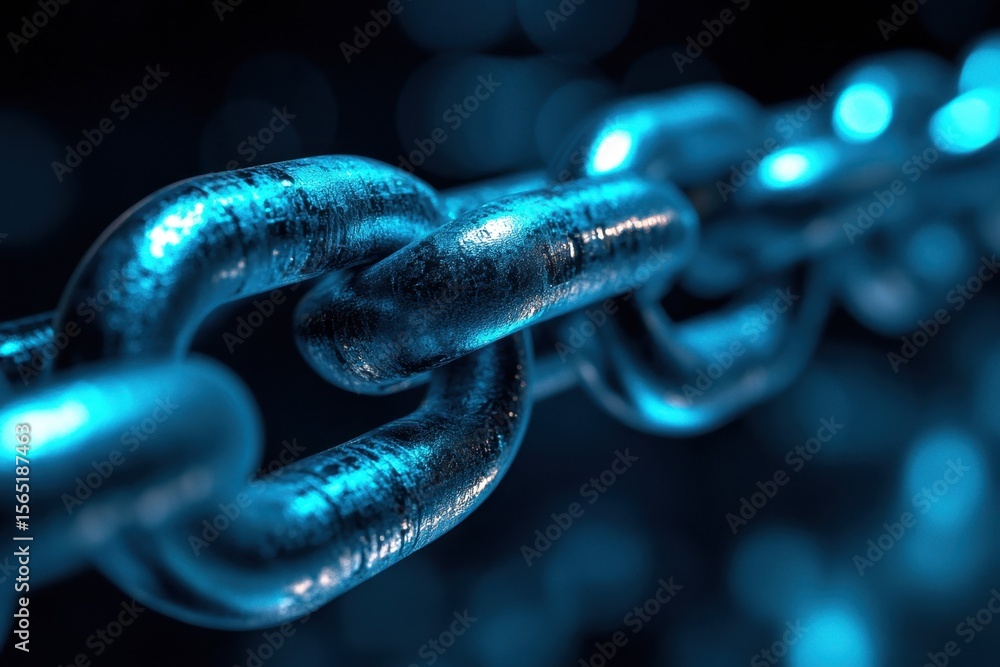 Aufkleber high-definition close-up of a blue metallic chain link on a dark background with abstract bokeh effe