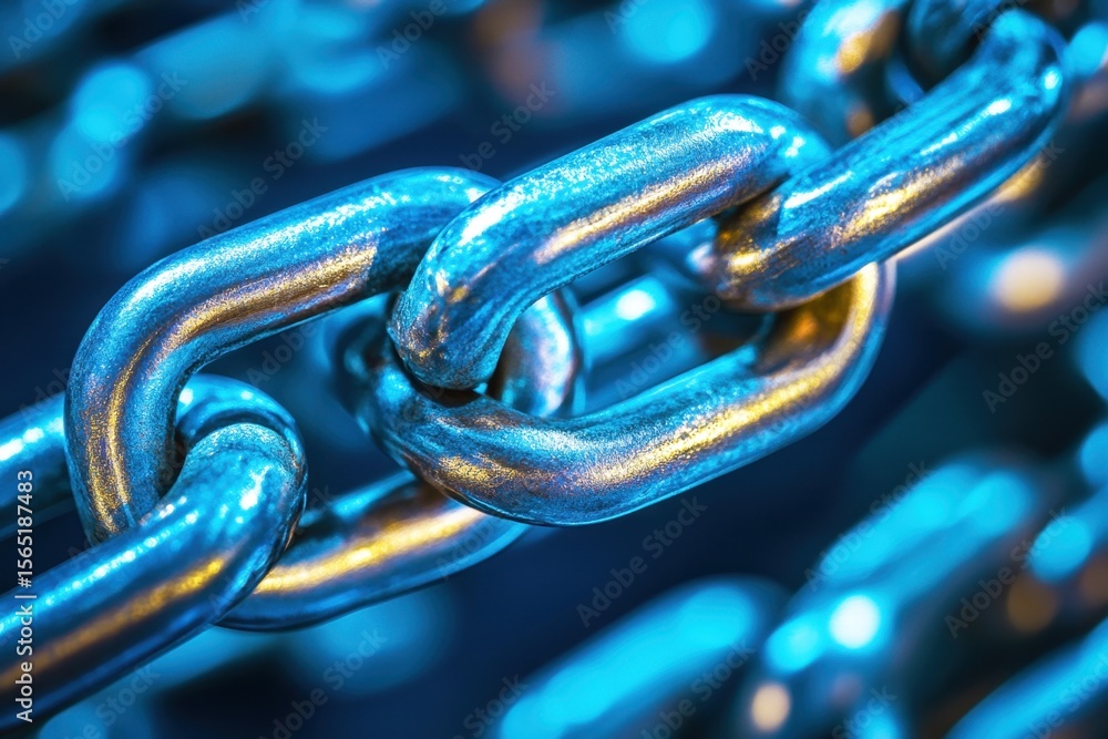 Poster close-up of a shiny metallic chain link with a blue hue reflecting light in an artistic background f