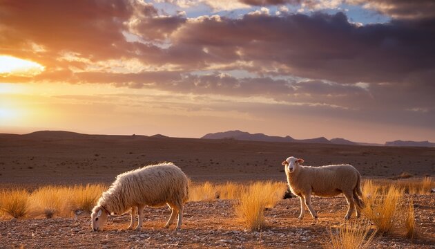 golden hour grazing two sheep in arid pasture with dramatic sky rural middle east - Powered by Adobe