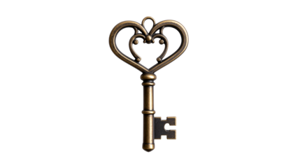 Antique key with heart shaped handle isolated on transparent background, representing love, secrets, and security