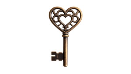 Antique key with heart shaped handle isolated on transparent background, representing love, secrets, and security