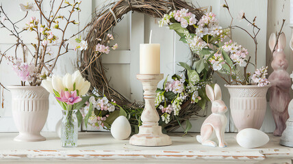 Rustic Easter Mantel Decor. White Bunny, Floral Arrangement, and Lit Candle. Elegant Easter Side lock Decoraction 