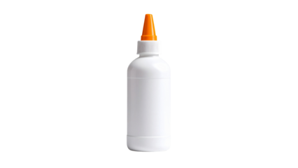 White craft glue bottle with orange nozzle cap, standing isolated on transparent surface, ready for creative crafting needs