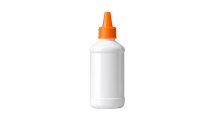 White craft glue bottle with orange nozzle cap, standing isolated on transparent surface, ready for creative crafting needs