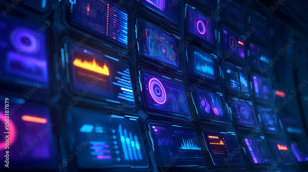 Aufkleber a series of screens showcases dynamic digital data visualizations in bright colors. the setting evok