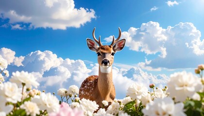 【ファンタジー系】雲上の花畑を歩く鹿