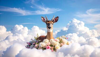 【ファンタジー系】雲上の花畑を歩く鹿