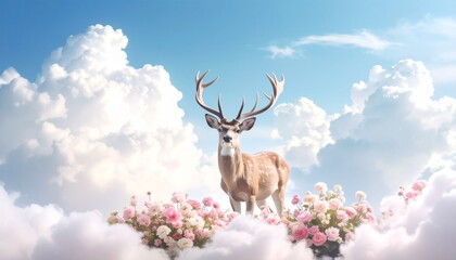 【ファンタジー系】雲上の花畑を歩く鹿
