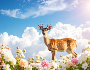 【ファンタジー系】雲上の花畑を歩く鹿