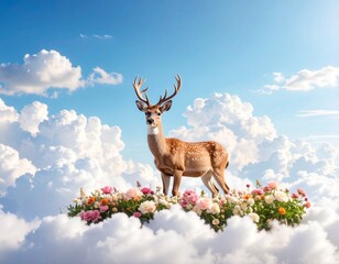 【ファンタジー系】雲上の花畑を歩く鹿