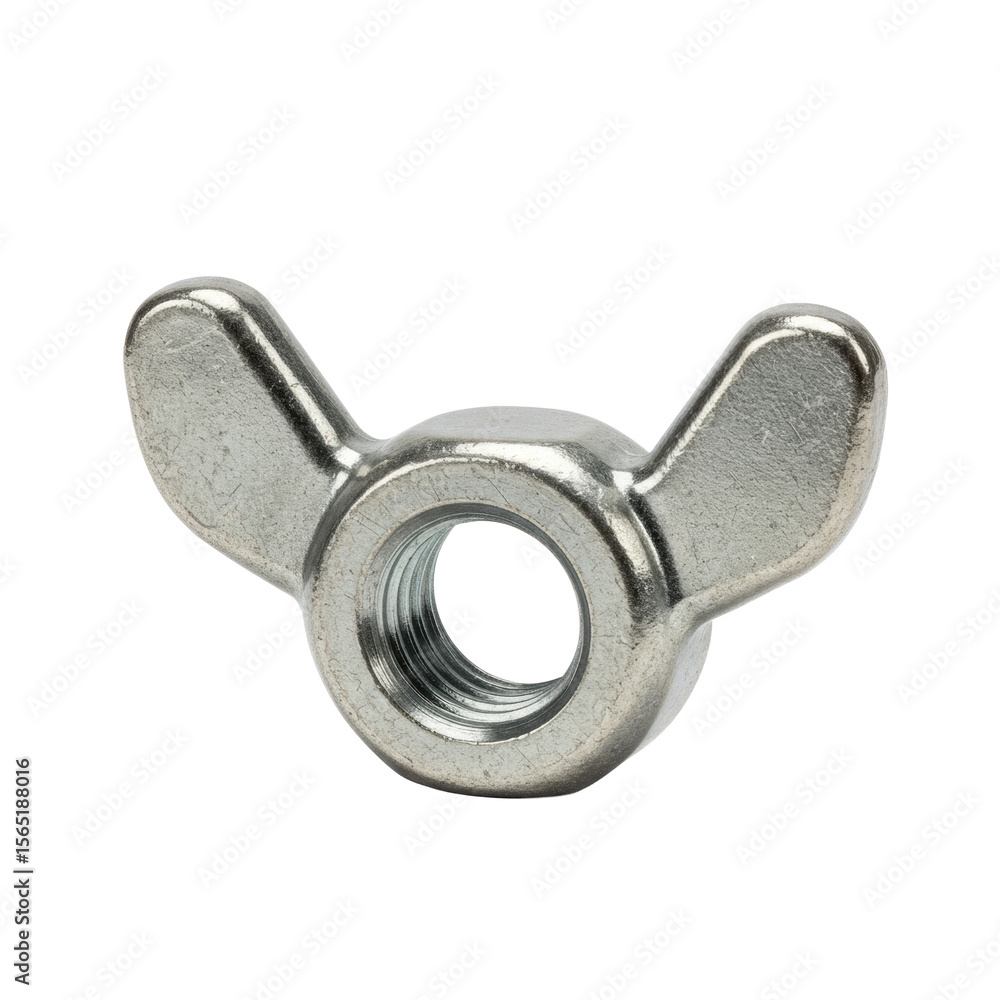Poster a single, perfectly formed metallic silver wing nut with precise threading and prominent wings, ultr