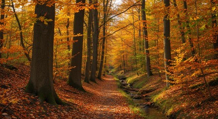 Obraz premium Autumnal Forest Path with Stream and Golden Leaves
