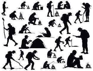 Set of Silhouette Illustrations of Campers and Hikers in Various Outdoor Activities