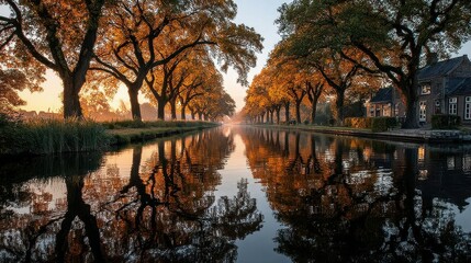 Autumn sunset casting golden reflections on a tranquil canal lined with vibrant trees in a peaceful village