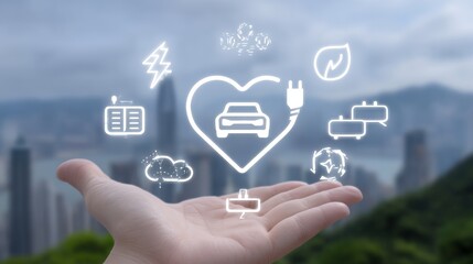 A woman's hand is shown pointing at an EV charger on a camera display with an eco-friendly hologram pictogram, set against a blurred sky background, as an EV car charger plug utilizes alternative