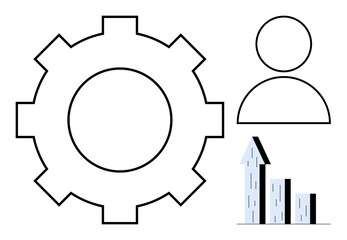Gear symbolizing process optimization, user icon for human-centered approach, upward bar graph for growth. Ideal for business, technology, productivity, analytics, innovation, strategy simple