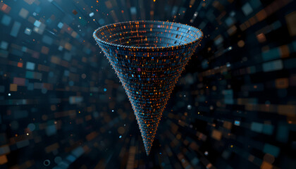 A digital funnel conveys data transformation and information processing, ideal for illustrating abstract concepts and modern technology systems.