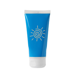 Sunscreen product in blue tube with drawing of sun isolated on white