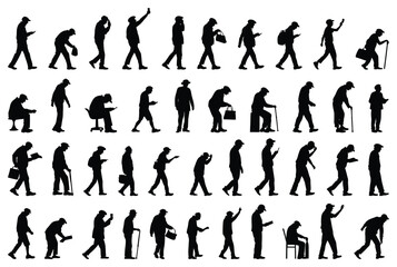 Elderly People Silhouette Collection Walking Sitting Standing and Using Cane Vector Set