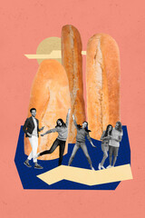 3d pop image vertical artwork collage of happy girl guy stand baguette loaf carbs nutrition dance...
