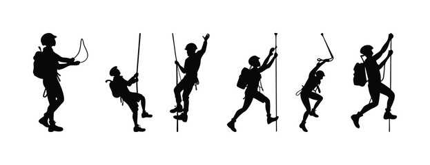 Rock Climbing Silhouette Collection of Climbers Rappelling Ascending with Rope and Gear Vector Set