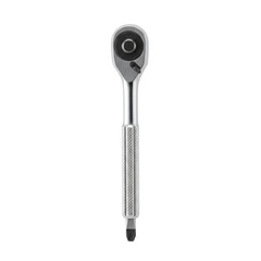 A pristine ratchet screwdriver with a robust textured black rubberized grip and polished silver chrome shaft, showing a precise ratchet mechanism, isolated on a seamless transparent studio background