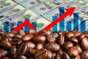 Coffee price rising. Dollars, roasted coffee beans, graph and arrow. Double exposure