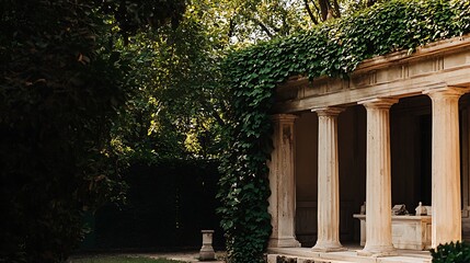 Quiet scene of an aged shrine gate overgrown with vibrant ivy leaves illuminated by gentle natural light