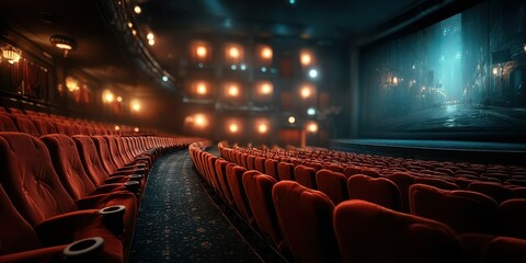 Vintage cinema interior with plush red seats and large screen showcasing a mysterious scene at night